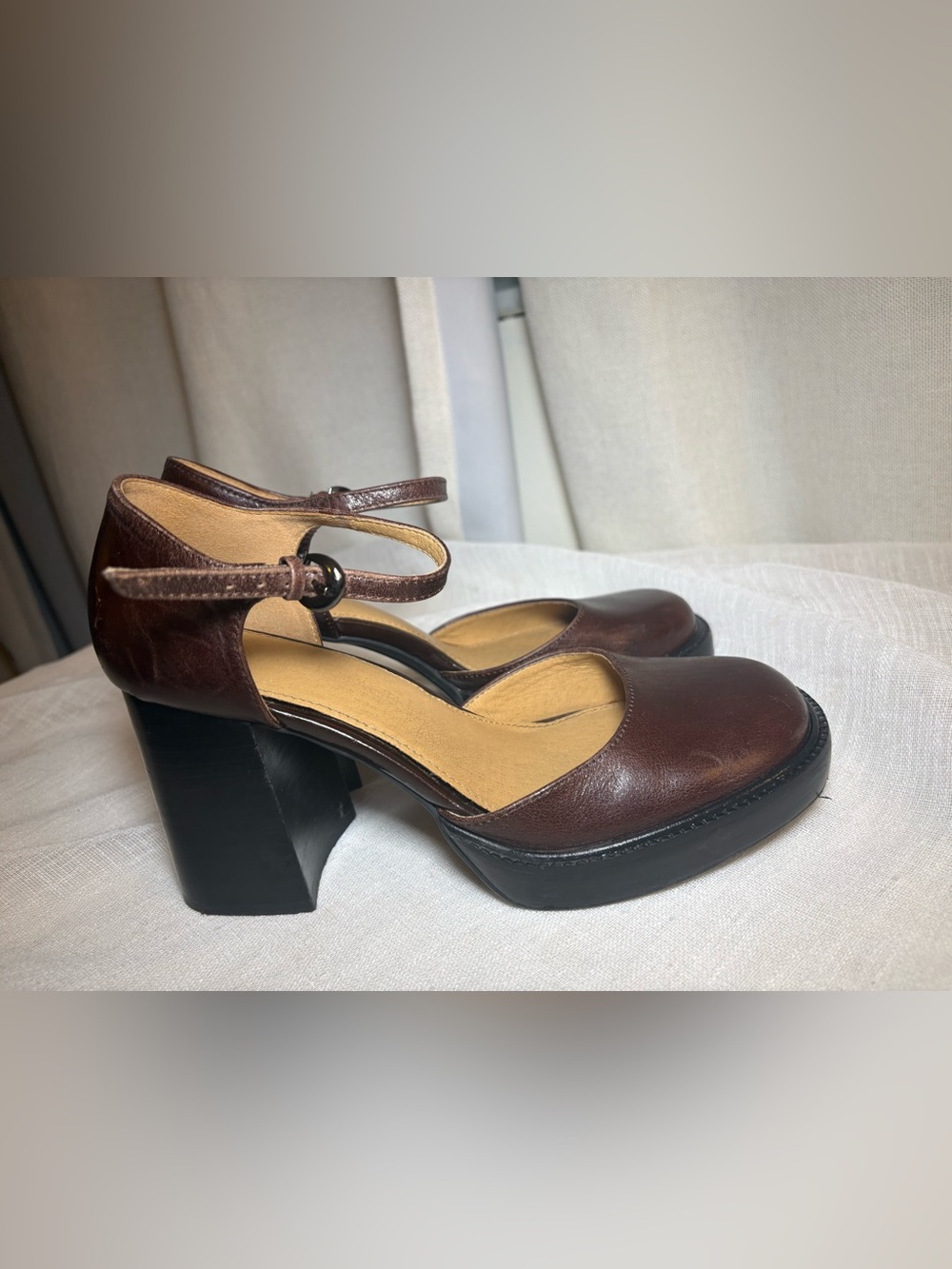 Crown Vintage Greeta Brown Genuine Leather Mary Jane Platform Heels 7.5M Chunky - Picture 7 of 14